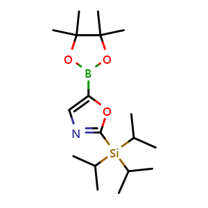 Chemical structure of 5-(tetramethyl-1,3,2-dioxaborolan-2-yl)-2-[tris(propan-2-yl)silyl]-1,3-oxazole , CAS 1186127-11-6, AChemBlock U140467