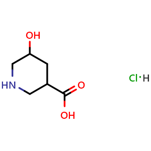 Chemical structure of 5-Hydroxypiperidine-3-carboxylic acid hydrochloride , CAS 1171511-34-4, AChemBlock U140516