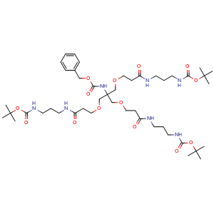 Chemical structure of 3,3'-[[2-(Cbz-amino)-2-[[3-[[3-(Boc-amino)propyl]amino]-3-oxopropoxy]methyl]propane-1,3-diyl]bis(oxy)]bis[N-[3-(Boc-amino)propyl]propanamide] , CAS 1162069-31-9, AChemBlock U140545
