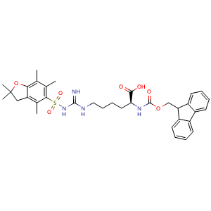 Chemical structure of (S)-2-(Fmoc-amino)-6-[3-(2,2,4,6,7-pentamethyl-2,3-dihydrobenzofuran-5-ylsulfonyl)guanidino]hexanoic acid , CAS 1159680-21-3, AChemBlock U140557