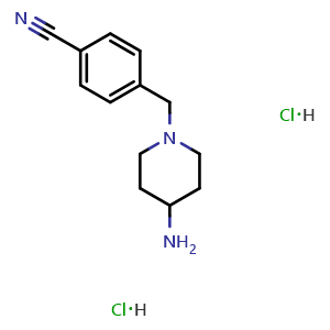 Chemical structure of 4-[(4-Amino-1-piperidyl)methyl]benzonitrile dihydrochloride , CAS 1158365-82-2, AChemBlock U140562