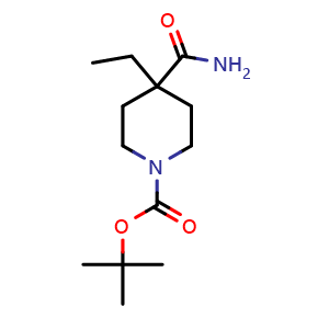 Chemical structure of 1-Boc-4-ethylpiperidine-4-carboxamide , CAS 1082768-73-7, AChemBlock U140775