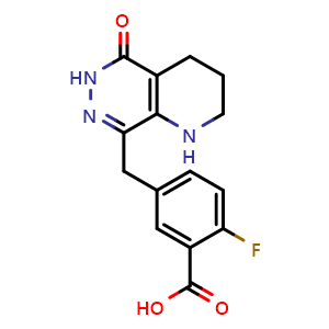 Chemical structure of 2-Fluoro-5-[(5-oxo-1,2,3,4,5,6-hexahydropyrido[2,3-d]pyridazin-8-yl)methyl]benzoic acid , CAS 1036403-32-3, AChemBlock U140899