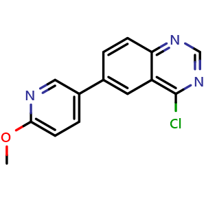 Chemical structure of 4-Chloro-6-(6-methoxy-3-pyridyl)quinazoline , CAS 1005009-91-5, AChemBlock U141033