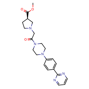 Chemical structure of (R)-methyl 1-(2-oxo-2-(4-(4-(pyrimidin-2-yl)phenyl)piperazin-1-yl)ethyl)pyrrolidine-3-carboxylate , CAS 942189-36-8, AChemBlock U141060