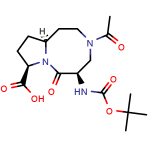 Chemical structure of (5R,8R,10aS)-3-acetyl-5-(tert-butoxycarbonylamino)-6-oxo-1,2,4,5,8,9,10,10a-octahydropyrrolo[1,2-a][1,5]diazocine-8-carboxylic acid , CAS 2725774-22-9, AChemBlock U141063