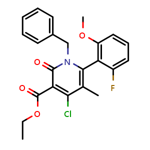 Chemical structure of Ethyl 1-Benzyl-4-chloro-6-(2-fluoro-6-methoxyphenyl)-5-methyl-2-oxo-1,2-dihydropyridine-3-carboxylate , CAS 2421146-39-4, AChemBlock U141078