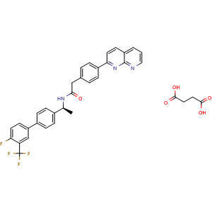 Chemical structure of (S)-2-(4-(1,8-naphthyridin-2-yl)phenyl)-N-(1-(4'-fluoro-3'-(trifluoromethyl)biphenyl-4-yl)ethyl)acetamide succinate , AChemBlock U141087