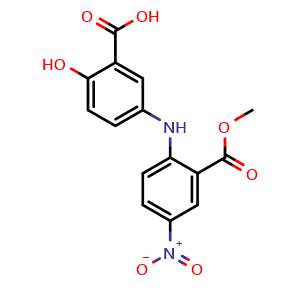 Chemical structure of 5-(2-(methoxycarbonyl)-4-nitrophenylamino)-2-hydroxybenzoic acid , CAS 2740660-50-6, AChemBlock U141088