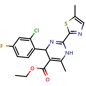 Chemical structure of Ethyl 4-(2-Chloro-4-fluorophenyl)-6-methyl-2-(5-methyl-2-thiazolyl)-1,4-dihydropyrimidine-5-carboxylate , CAS 345957-16-6, AChemBlock U141101
