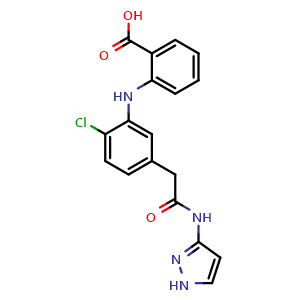 Chemical structure of 2-[[5-[2-[(3-Pyrazolyl)amino]-2-oxoethyl]-2-chlorophenyl]amino]benzoic acid , CAS 2389017-92-7, AChemBlock U141102