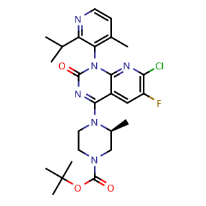 Chemical structure of (S)-4-(4-Boc-2-methyl-1-piperazinyl)-7-chloro-6-fluoro-1-(2-isopropyl-4-methyl-3-pyridyl)pyrido[2,3-d]pyrimidin-2(1H)-one , CAS 2252403-84-0, AChemBlock U141104