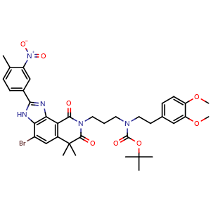 Chemical structure of 8-[3-[Boc(3,4-dimethoxyphenethyl)amino]propyl]-4-bromo-6,6-dimethyl-2-(4-methyl-3-nitrophenyl)-3H-imidazo[4,5-h]isoquinoline-7,9(6H,8H)-dione , CAS 851659-02-4, AChemBlock U141105