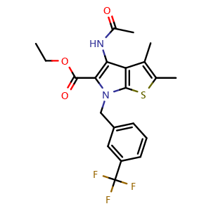 Chemical structure of Ethyl 4-Acetamido-2,3-dimethyl-6-[3-(trifluoromethyl)benzyl]-6H-thieno[2,3-b]pyrrole-5-carboxylate , CAS 950335-64-5, AChemBlock U141106