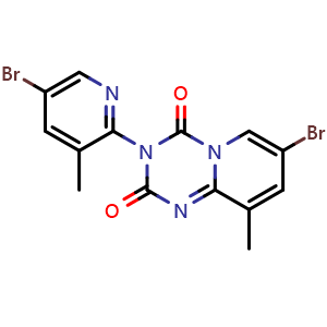 Chemical structure of 7-Bromo-3-(5-bromo-3-methylpyridin-2-yl)-9-methyl-2H-pyrido[1,2-a][1,3,5]triazine-2,4(3H)-dione , CAS 2568130-83-4, AChemBlock U141111