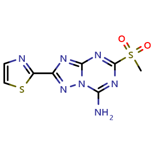 Chemical structure of 7-Amino-5-(methylsulfonyl)-2-(2-thiazolyl)-[1,2,4]triazolo[1,5-a][1,3,5]triazine , CAS 2247773-25-5, AChemBlock U141114