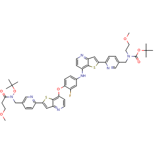 Chemical structure of (tert-Butoxy)-N-[[6-[7-[[4-[2-[5-[[(tert-butoxy)-N-(2-methoxyethyl)carbonylamino]methyl](2-pyridyl)]thieno[3,2-b]pyridin-7-yloxy]-3-fluorophenyl]amino]thieno[4,5-b]pyridin-2-yl](3-pyridyl)]methyl]-N-(2-methoxyethyl)carboxamide , CAS 2970122-05-3, AChemBlock U141115
