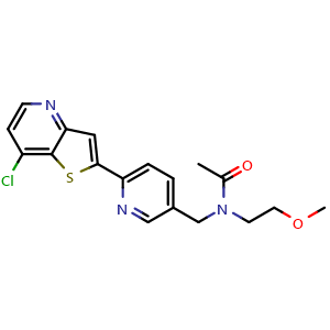 Chemical structure of N-[[6-(7-Chloro-2-thieno[3,2-b]pyridyl)-3-pyridyl]methyl]-N-(2-methoxyethyl)acetamide , CAS 1429307-97-0, AChemBlock U141126