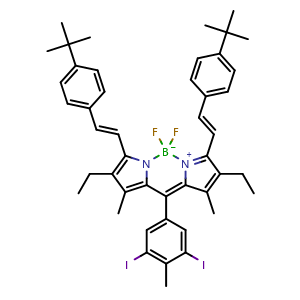 Chemical structure of 3,7-Bis[4-(tert-butyl)styryl]-10-(3,5-diiodo-4-methylphenyl)-2,8-diethyl-5,5-difluoro-1,9-dimethyl-5H-dipyrrolo[1,2-c:2',1'-f][1,3,2]diazaborinin-4-ium-5-uide , AChemBlock U141144