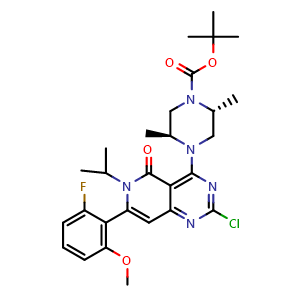 Chemical structure of 4-[(2S,5R)-4-Boc-2,5-dimethylpiperazin-1-yl]-2-chloro-7-(2-fluoro-6-methoxyphenyl)-6-isopropylpyrido[4,3-d]pyrimidin-5(6H)-one , CAS 2568078-30-6, AChemBlock U141148