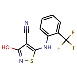 Chemical structure of 3-Hydroxy-5-[[2-(trifluoromethyl)phenyl]amino]isothiazole-4-carbonitrile , CAS 287196-91-2, AChemBlock U141150