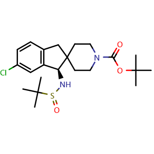 Chemical structure of N-[(R)-1'-Boc-5-chloro-1,3-dihydrospiro[indene-2,4'-piperidin]-3-yl]-2-methylpropane-2-sulfinamide , CAS 2845120-30-9, AChemBlock U141169