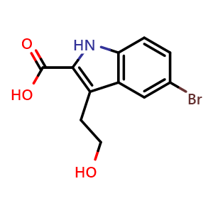 Chemical structure of 5-Bromo-3-(2-hydroxyethyl)-1H-indole-2-carboxylic acid , CAS 2409597-25-5, AChemBlock U141372