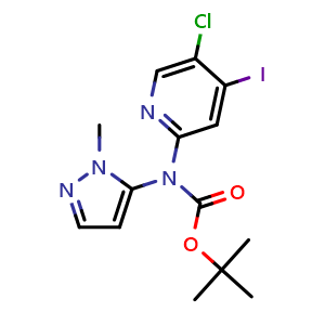 Chemical structure of N-Boc-5-chloro-4-iodo-N-(1-methyl-1H-pyrazol-5-yl)pyridin-2-amine , CAS 2421146-44-1, AChemBlock U141404