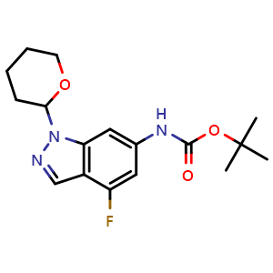 Chemical structure of tert-butyl N-(4-fluoro-1-tetrahydropyran-2-yl-indazol-6-yl)carbamate , CAS 2725790-88-3, AChemBlock U141473