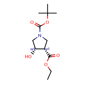 Chemical structure of O1-tert-butyl O3-ethyl cis-4-hydroxypyrrolidine-1,3-dicarboxylate , CAS 2816818-23-0, AChemBlock U141474