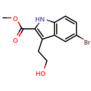 Chemical structure of Methyl 5-Bromo-3-(2-hydroxyethyl)-1H-indole-2-carboxylate , CAS 2744064-41-1, AChemBlock U141599