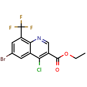 Chemical structure of ethyl 6-bromo-4-chloro-8-(trifluoromethyl)quinoline-3-carboxylate , CAS 2742913-49-9, AChemBlock U141616