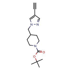 Chemical structure of tert-Butyl 4-[(4-Ethynyl-1H-pyrazol-1-yl)methyl]piperidine-1-carboxylate , CAS 2503208-32-8, AChemBlock U141620