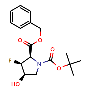 Chemical structure of Benzyl (2R,3S,4R)-1-Boc-3-fluoro-4-hydroxypyrrolidine-2-carboxylate , CAS 2211115-86-3, AChemBlock U141636
