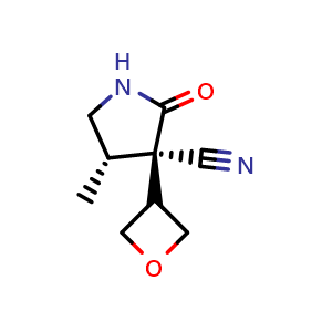 Chemical structure of (3R,4S)-4-methyl-3-(oxetan-3-yl)-2-oxo-pyrrolidine-3-carbonitrile , CAS 2725774-20-7, AChemBlock U141724