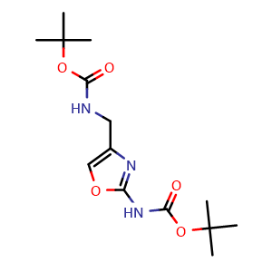 Chemical structure of 2-(Boc-amino)-4-[(Boc-amino)methyl]oxazole , CAS 2135339-72-7, AChemBlock U141742