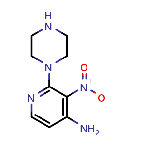 Chemical structure of 3-nitro-2-(piperazin-1-yl)pyridin-4-amine , CAS 2752023-32-6, AChemBlock U141787