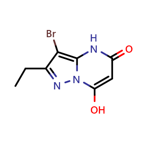 Chemical structure of 3-bromo-2-ethyl-7-hydroxypyrazolo[1,5-a]pyrimidin-5(4H)-one , CAS 2741773-25-9, AChemBlock U141800