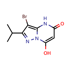 Chemical structure of 3-bromo-7-hydroxy-2-isopropylpyrazolo[1,5-a]pyrimidin-5(4H)-one , CAS 2741391-31-9, AChemBlock U141801