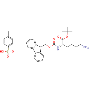 Chemical structure of tert-Butyl (S)-6-Amino-2-(Fmoc-amino)hexanoate 4-Methylbenzenesulfonate , CAS 2388985-27-9, AChemBlock U141814