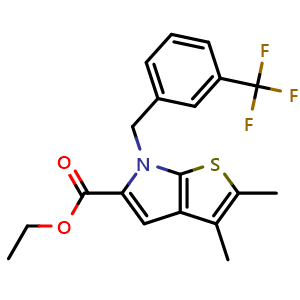 Chemical structure of Ethyl 2,3-Dimethyl-6-[3-(trifluoromethyl)benzyl]-6H-thieno[2,3-b]pyrrole-5-carboxylate , CAS 2306369-55-9, AChemBlock U141897