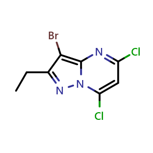 Chemical structure of 3-bromo-5,7-dichloro-2-ethylpyrazolo[1,5-a]pyrimidine , CAS 2749919-23-9, AChemBlock U141948