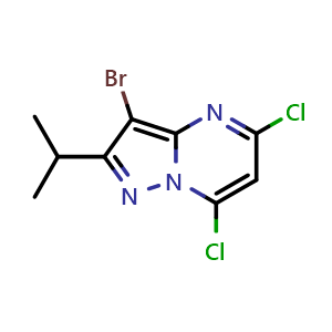 Chemical structure of 3-bromo-5,7-dichloro-2-isopropylpyrazolo[1,5-a]pyrimidine , CAS 2752289-91-9, AChemBlock U141949