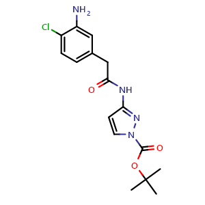 Chemical structure of N-(1-Boc-3-pyrazolyl)-2-(3-amino-4-chlorophenyl)acetamide , CAS 2389018-00-0, AChemBlock U141952