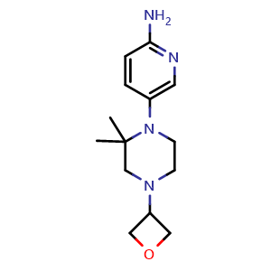 Chemical structure of 2-Amino-5-[2,2-dimethyl-4-(oxetan-3-yl)-1-piperazinyl]pyridine , CAS 2568131-10-0, AChemBlock U141987