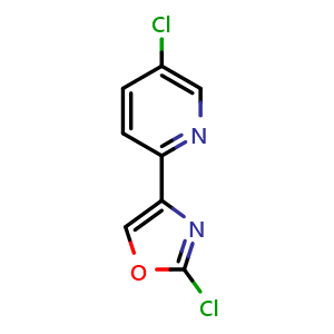 Chemical structure of 2-chloro-4-(5-chloropyridin-2-yl)oxazole , CAS 2748290-40-4, AChemBlock U142040