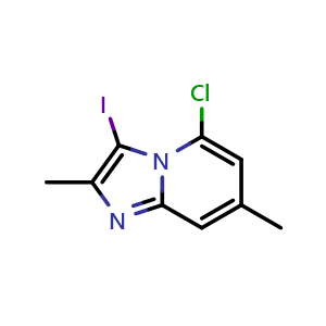 Chemical structure of 5-chloro-3-iodo-2,7-dimethylimidazo[1,2-a]pyridine , CAS 2751679-74-8, AChemBlock U142213