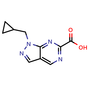 Chemical structure of 1-(Cyclopropylmethyl)pyrazolo[3,4-d]pyrimidine-6-carboxylic acid , CAS 2761976-81-0, AChemBlock U142372