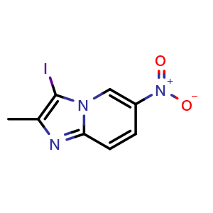 Chemical structure of 3-iodo-2-methyl-6-nitroimidazo[1,2-a]pyridine , CAS 2741716-15-2, AChemBlock U142408