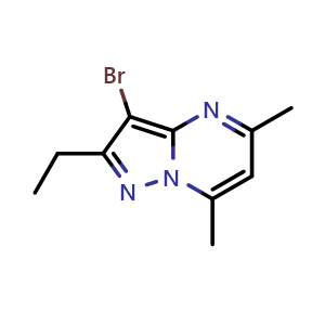 Chemical structure of 3-bromo-2-ethyl-5,7-dimethylpyrazolo[1,5-a]pyrimidine , CAS 2741716-05-0, AChemBlock U142429